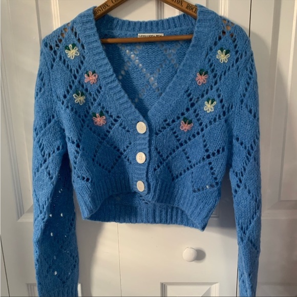 ALESSANDRA RICH Blue Embroidered Pointelle Cropped Cardigan IT 38 - Picture 6 of 8